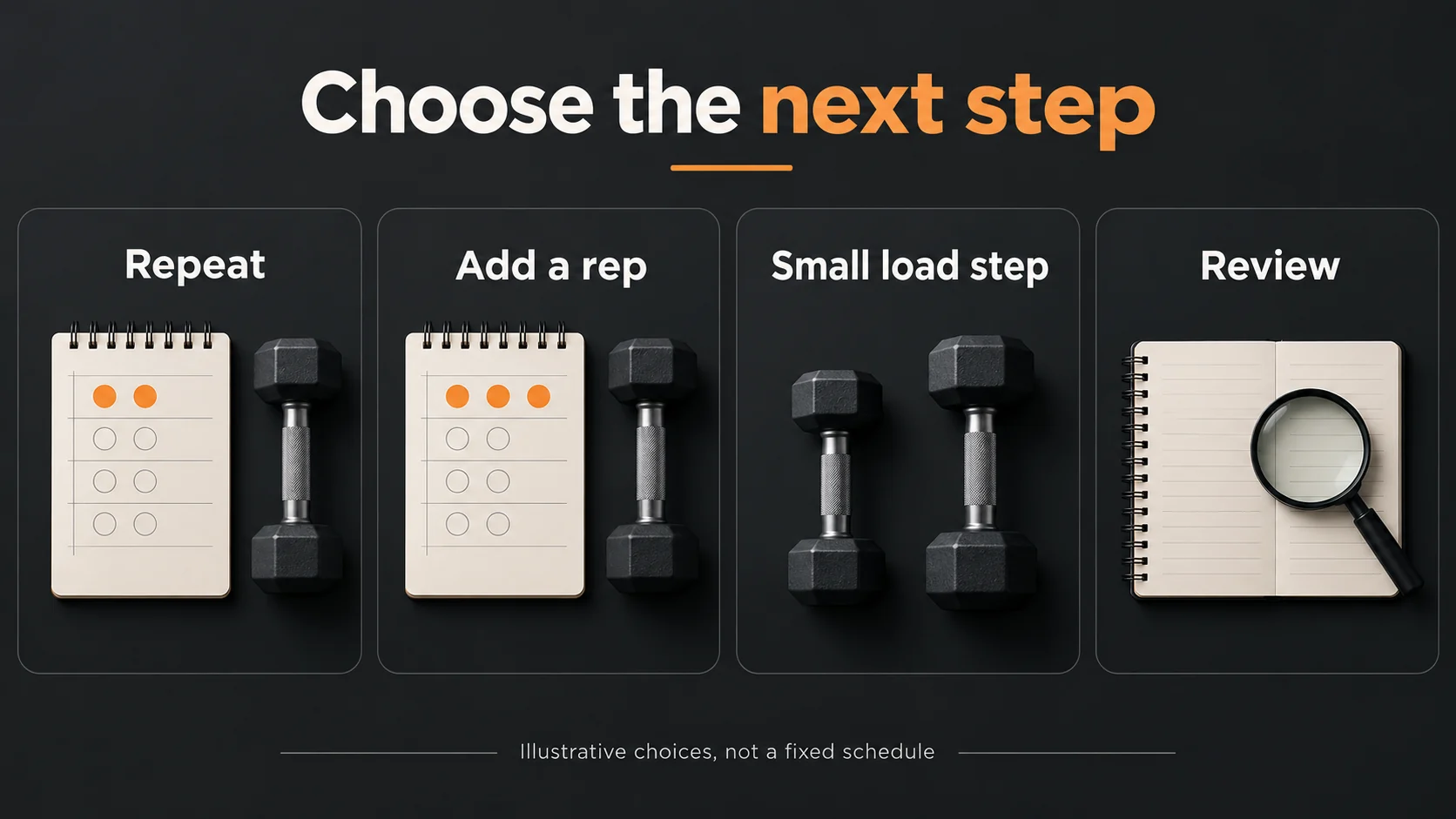 Illustrative progression choices labelled Repeat, Add a rep, Small load step and Review.