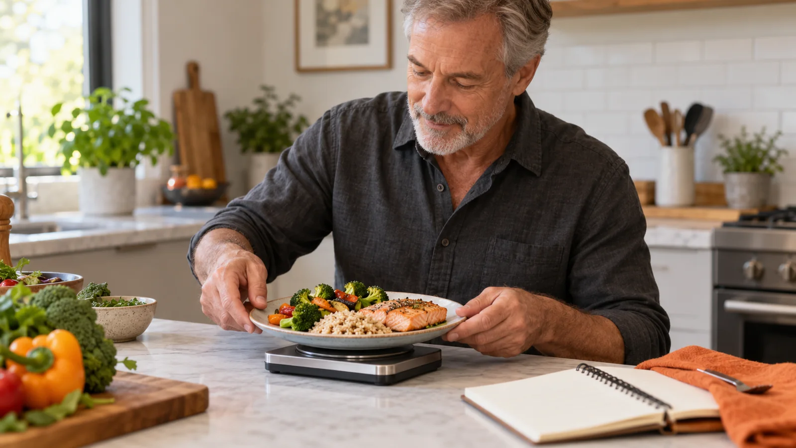 Illustrative scene of a man over 50 weighing his lunch portion.