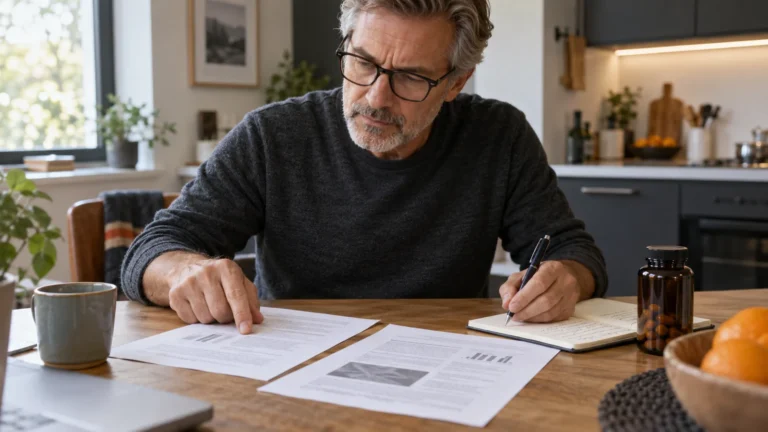 Illustrative scene of a man in his 50s comparing research papers and notes at a kitchen table beside an unbranded supplement bottle.