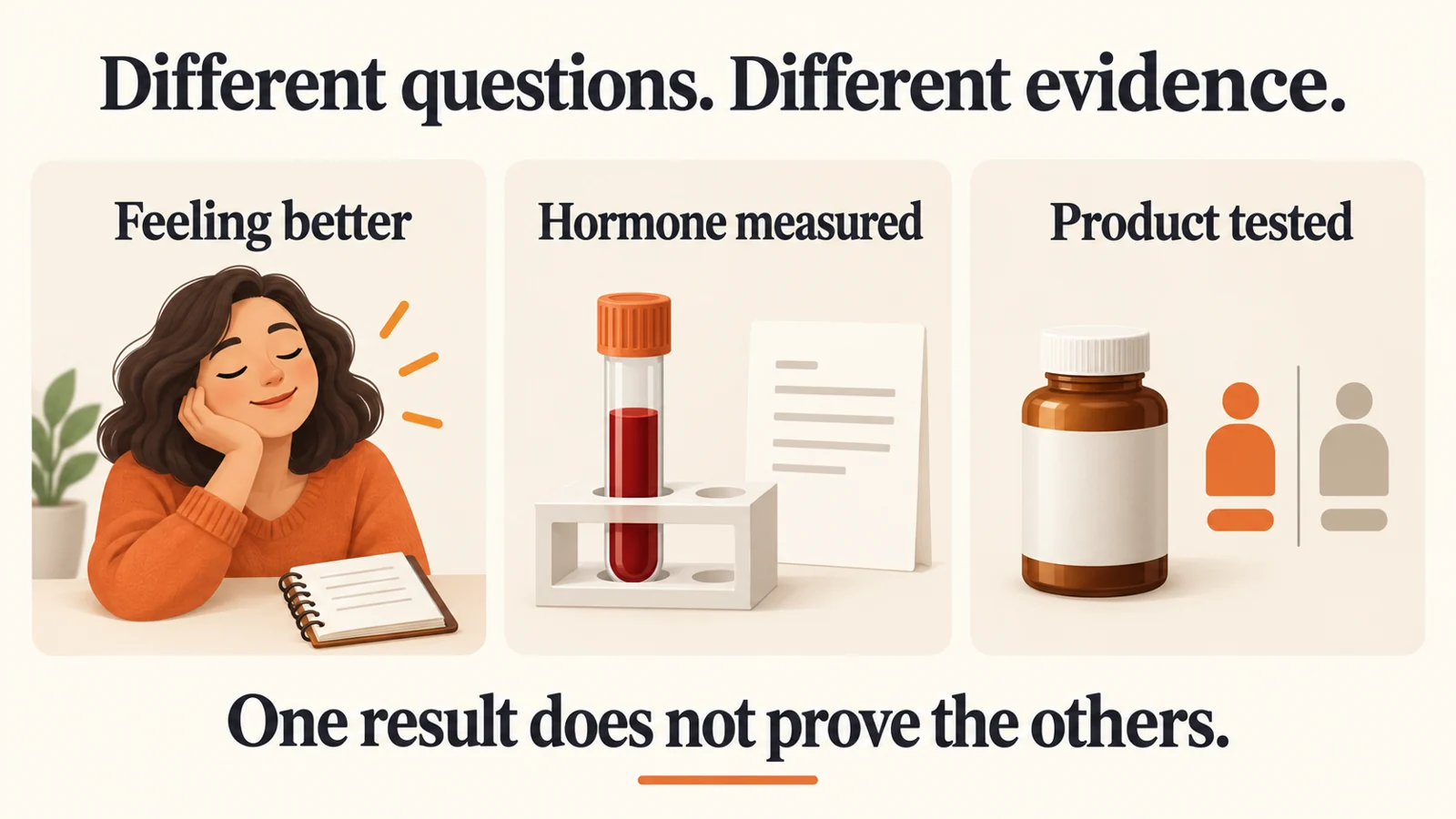 Testosterone Boosters | What the Evidence Shows 3 Feeling better, a hormone measurement and a tested product answer different questions; one does not prove the others.