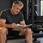 Illustrative scene of a man in his late 50s reviewing a training notebook beside dumbbells in a gym.