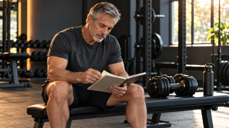 Testosterone for Muscle Growth | Evidence and a Practical Plan 10 Illustrative scene of a man in his late 50s reviewing a training notebook beside dumbbells in a gym.