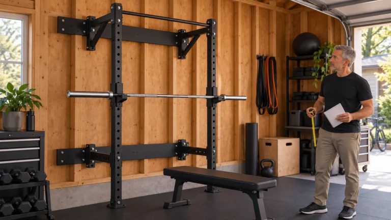 Wall-Mounted Home Gym | Choose a Rack or Cable Tower 10 Illustrative garage gym with a man over 50 planning space around a generic wall-mounted rack and bench.