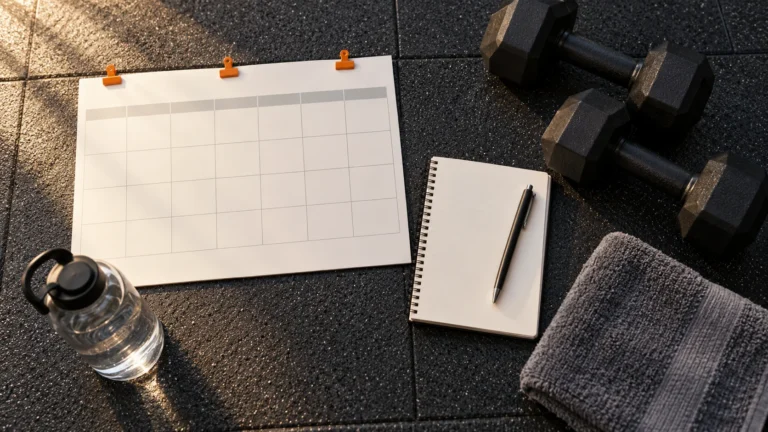 Workout Plan for Men Over 50 | A Complete A/B/C Week 1 Illustrative flatlay of a weekly calendar with three orange clips, a training notebook and dumbbells on exercise flooring.